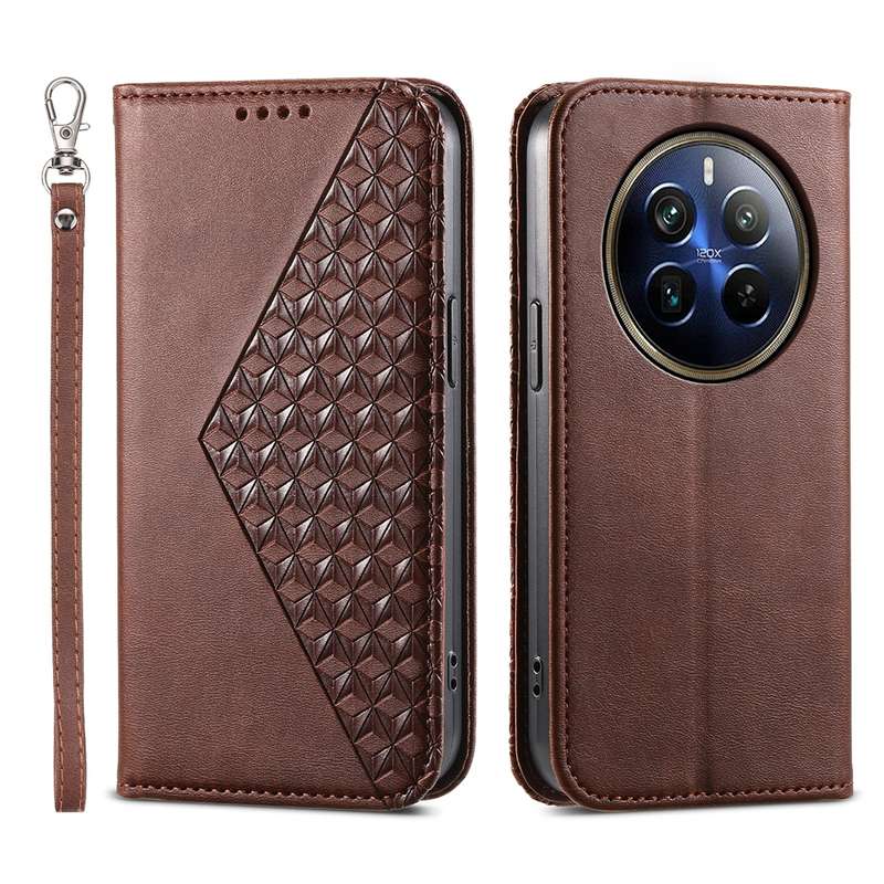 For Realme 12 Pro+ Cubic Grid Calf Texture Magnetic Leather Phone Case(Brown)