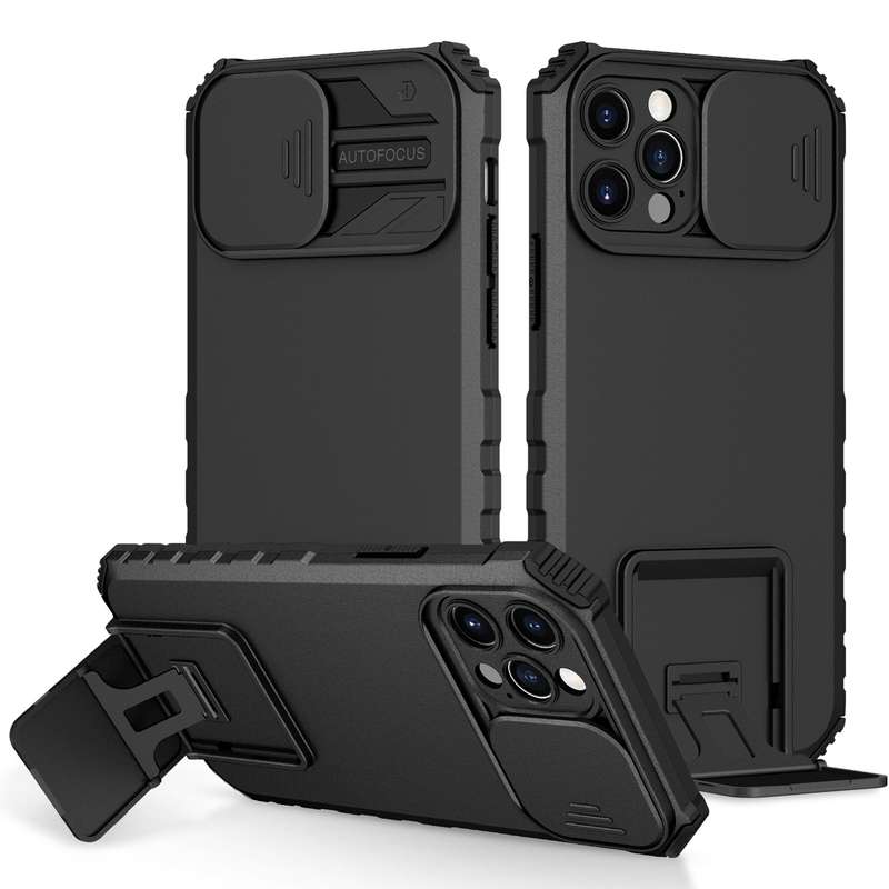 For iPhone 15 Pro Stereoscopic Holder Sliding Camshield Phone Case(Black)
