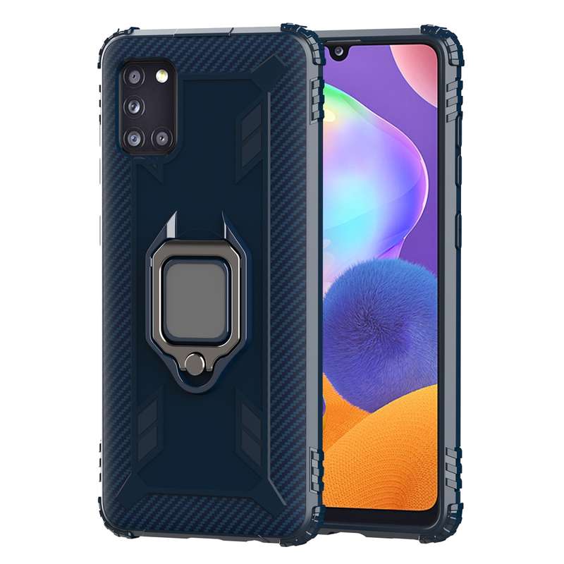 For Samsung Galaxy A31 Carbon Fiber Protective Case with 360 Degree Rotating Ring Holder(Black)