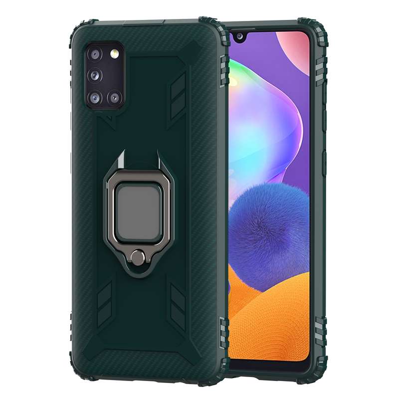 For Samsung Galaxy A31 Carbon Fiber Protective Case with 360 Degree Rotating Ring Holder(Black)