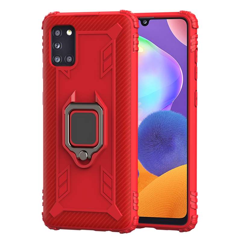 For Samsung Galaxy A31 Carbon Fiber Protective Case with 360 Degree Rotating Ring Holder(Black)