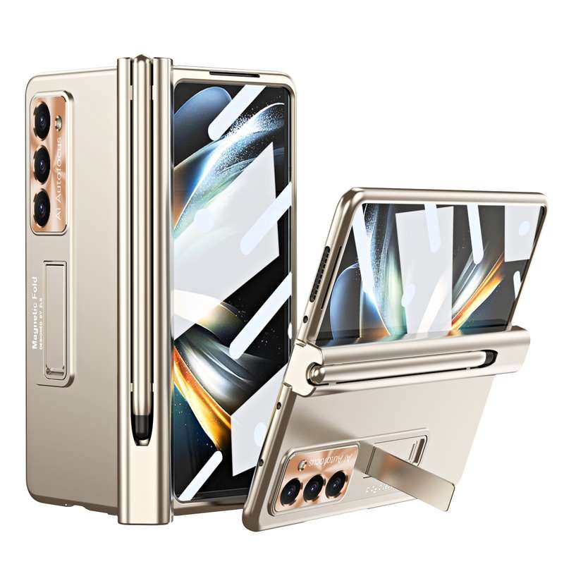 For Samsung Galaxy Z Fold5 Electroplating Corrugated Hinge Folding Phone Case with Pen Slot(Pink)