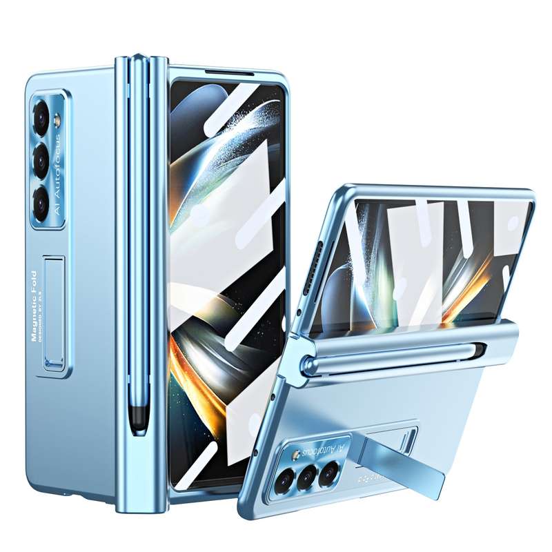 For Samsung Galaxy Z Fold5 Electroplating Corrugated Hinge Folding Phone Case with Pen Slot(Pink)