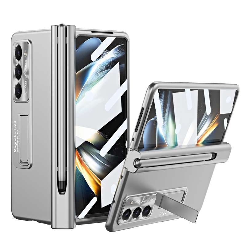 For Samsung Galaxy Z Fold5 Electroplating Corrugated Hinge Folding Phone Case with Pen Slot(Pink)