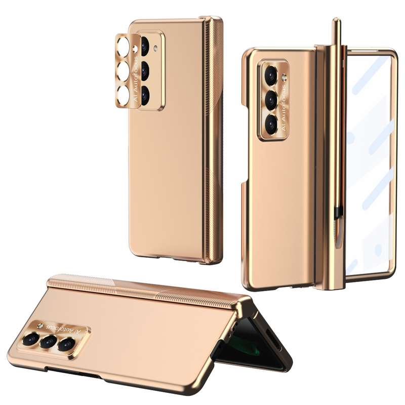For Samsung Galaxy Z Fold5 Electroplating Hinged Folding Phone Case with S Pen Fold Edtion(Pink)