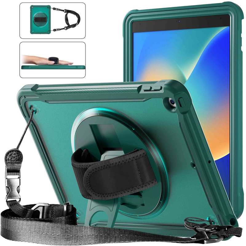 For iPad 10.2 2021 / 2020 / 2019 Heavy Duty Hybrid Tablet Case with Hand Grip & Strap(Khaki)