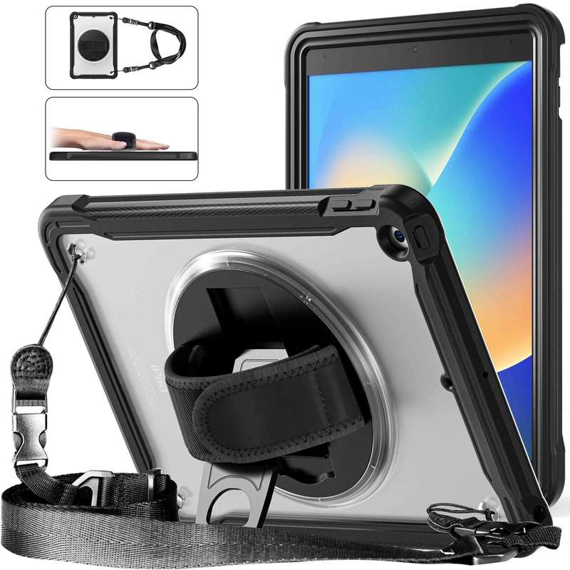 For iPad 10.2 2021 / 2020 / 2019 Heavy Duty Hybrid Tablet Case with Hand Grip & Strap(Khaki)