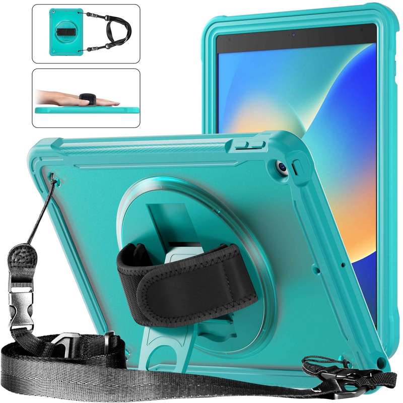 For iPad 10.2 2021 / 2020 / 2019 Heavy Duty Hybrid Tablet Case with Hand Grip & Strap(Khaki)
