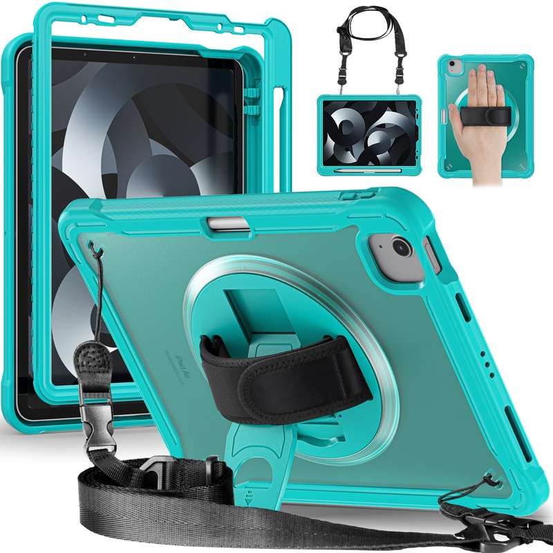 For iPad Air 2022 10.9 / Pro 11 2022 Heavy Duty Hybrid Tablet Case with Hand Grip & Strap(Khaki)