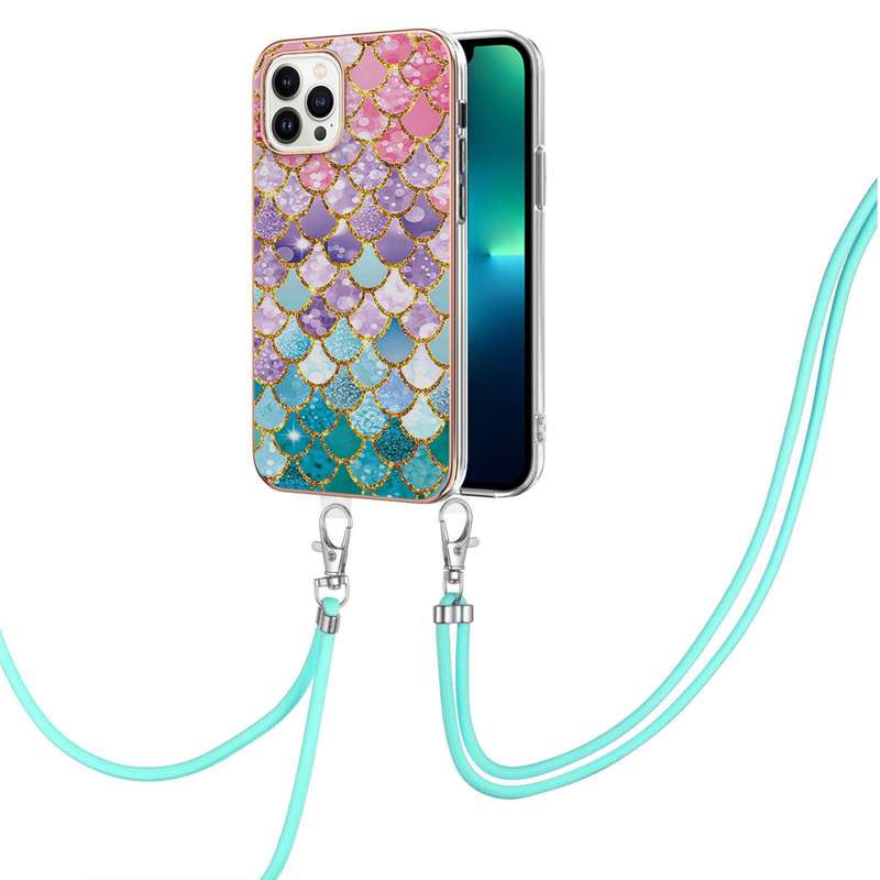 For iPhone 15 Pro Max Electroplating Pattern IMD TPU Shockproof Case with Neck Lanyard(Pink Scales)