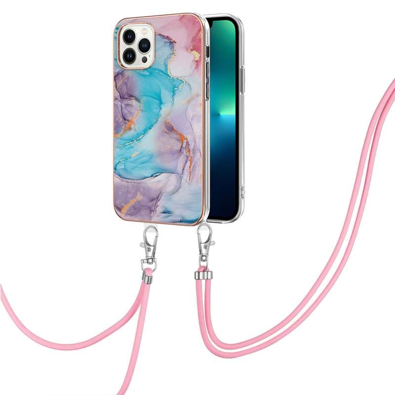 For iPhone 15 Pro Max Electroplating Pattern IMD TPU Shockproof Case with Neck Lanyard(Pink Scales)