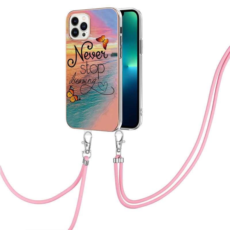 For iPhone 15 Pro Max Electroplating Pattern IMD TPU Shockproof Case with Neck Lanyard(Pink Scales)