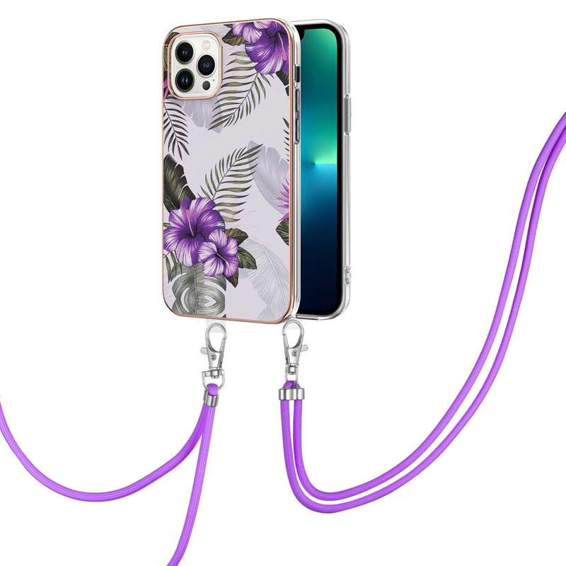 For iPhone 15 Pro Max Electroplating Pattern IMD TPU Shockproof Case with Neck Lanyard(Pink Scales)