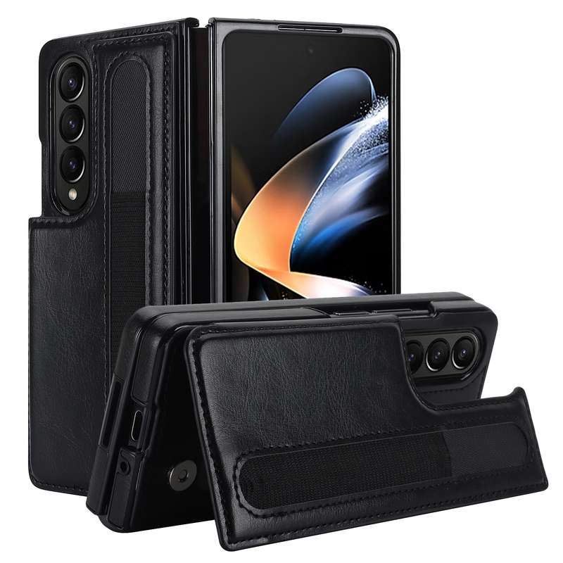 For Samsung Galaxy Z Fold3 Full Coverage Fold Double Buckle PU Phone Case with Pen Slots(Brown)