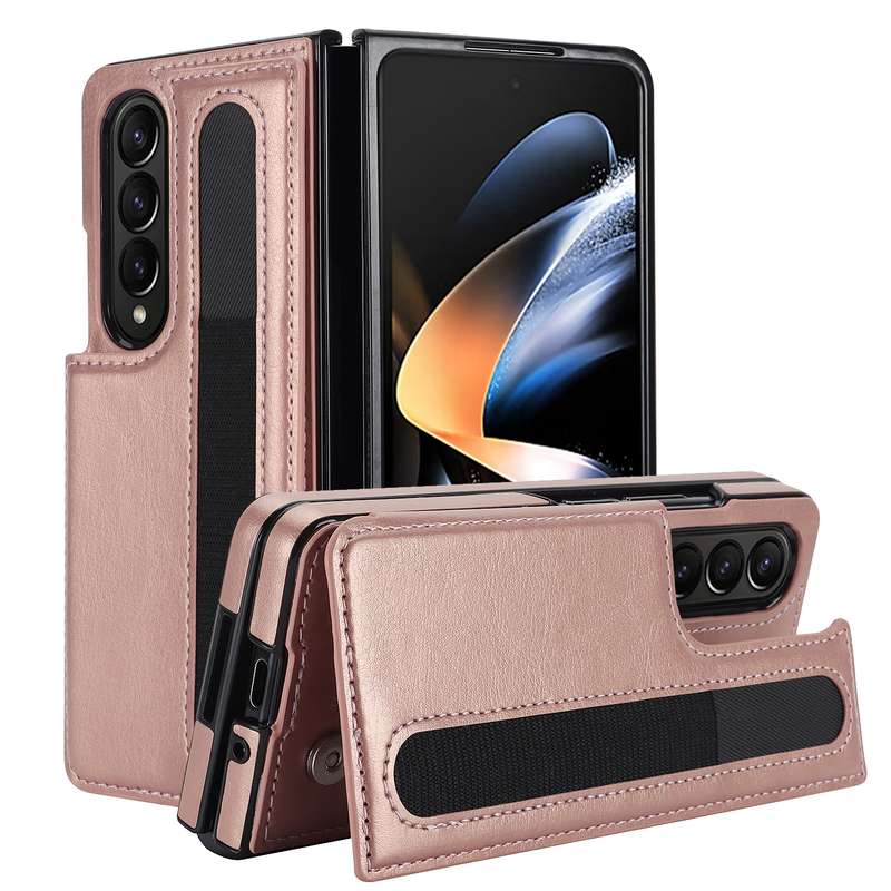 For Samsung Galaxy Z Fold3 Full Coverage Fold Double Buckle PU Phone Case with Pen Slots(Brown)