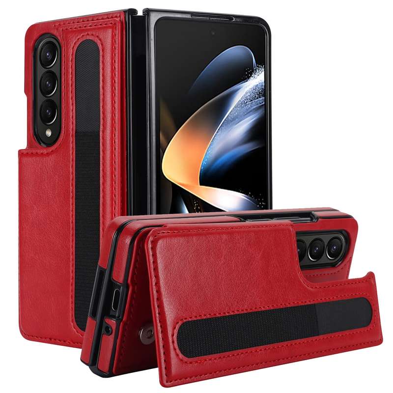 For Samsung Galaxy Z Fold3 Full Coverage Fold Double Buckle PU Phone Case with Pen Slots(Brown)
