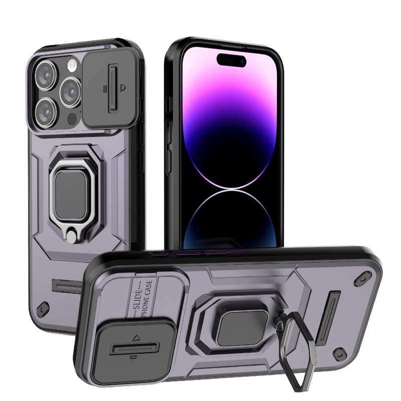 For iPhone 15 Pro Sliding Camshield TPU + PC Shockproof Phone Case with Holder(Black)