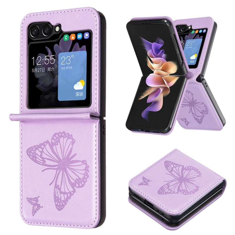 For Samsung Galaxy Z Flip6 Embossing Two Butterflies Leather Phone Case(Purple)