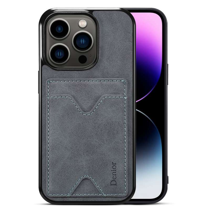 For iPhone 15 Pro Max Denior PU Back Cover Card Slot Holder Phone Case(Grey)