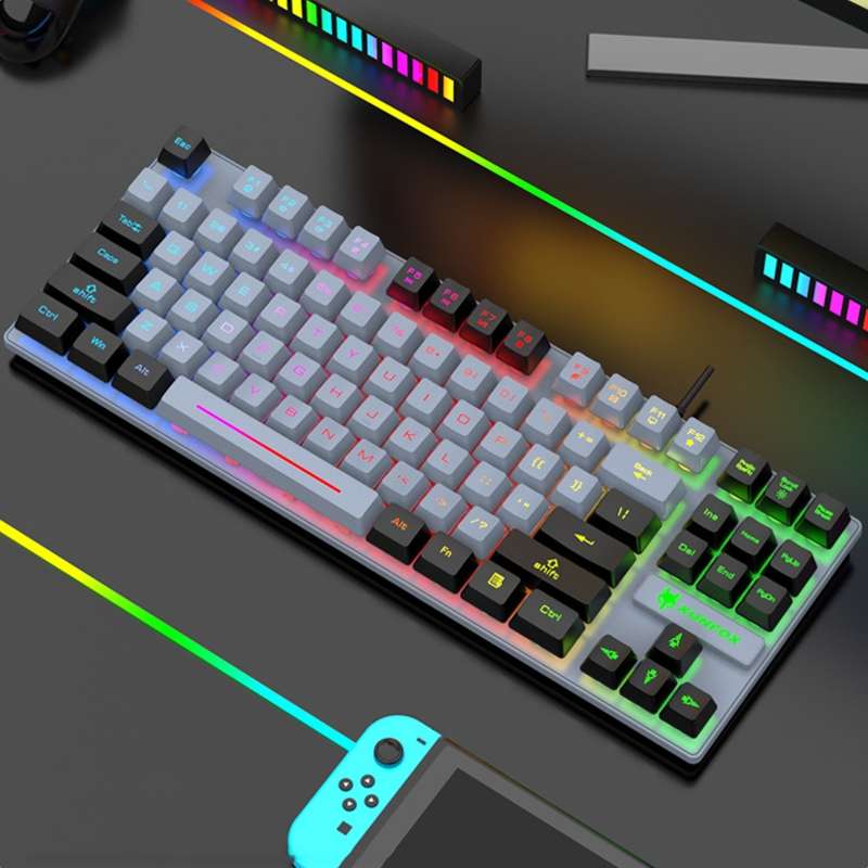 XUNFOX K10 87-Keys Rainbow Blacklit USB Wired Gaming Keyboard, Cable Length: 1.5m(Grey Black)