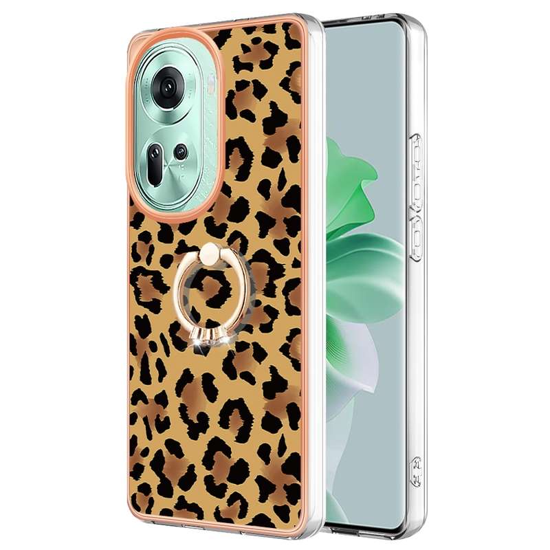 For OPPO Reno11 5G Global Electroplating Dual-side IMD Phone Case with Ring Holder(Leopard Prin