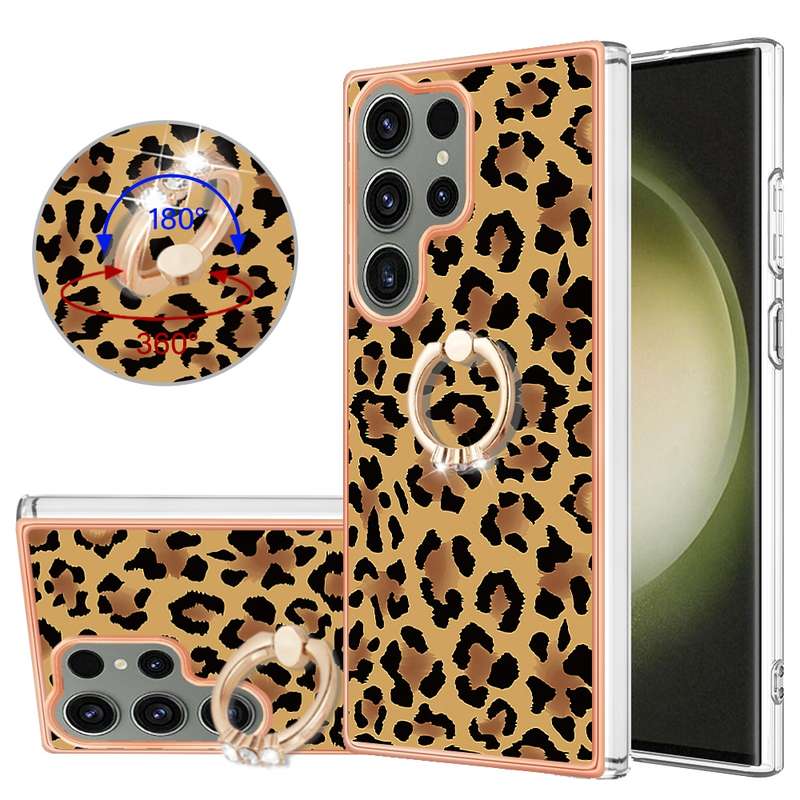 For Samsung Galaxy S23 Ultra 5G Electroplating Dual-side IMD Phone Case with Ring Holder(Leopard Pri
