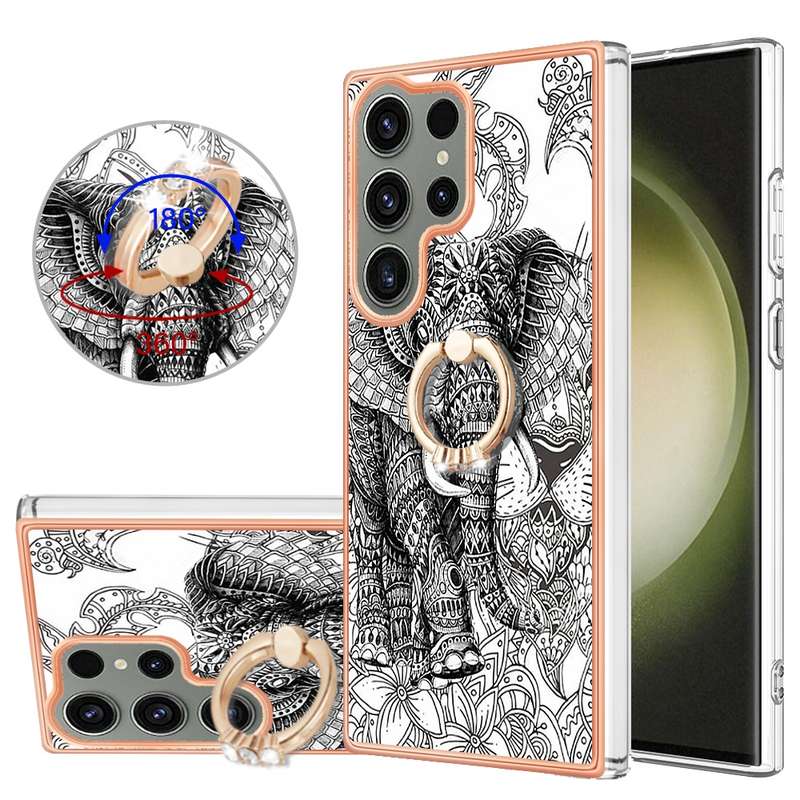 For Samsung Galaxy S23 Ultra 5G Electroplating Dual-side IMD Phone Case with Ring Holder(Leopard Pri