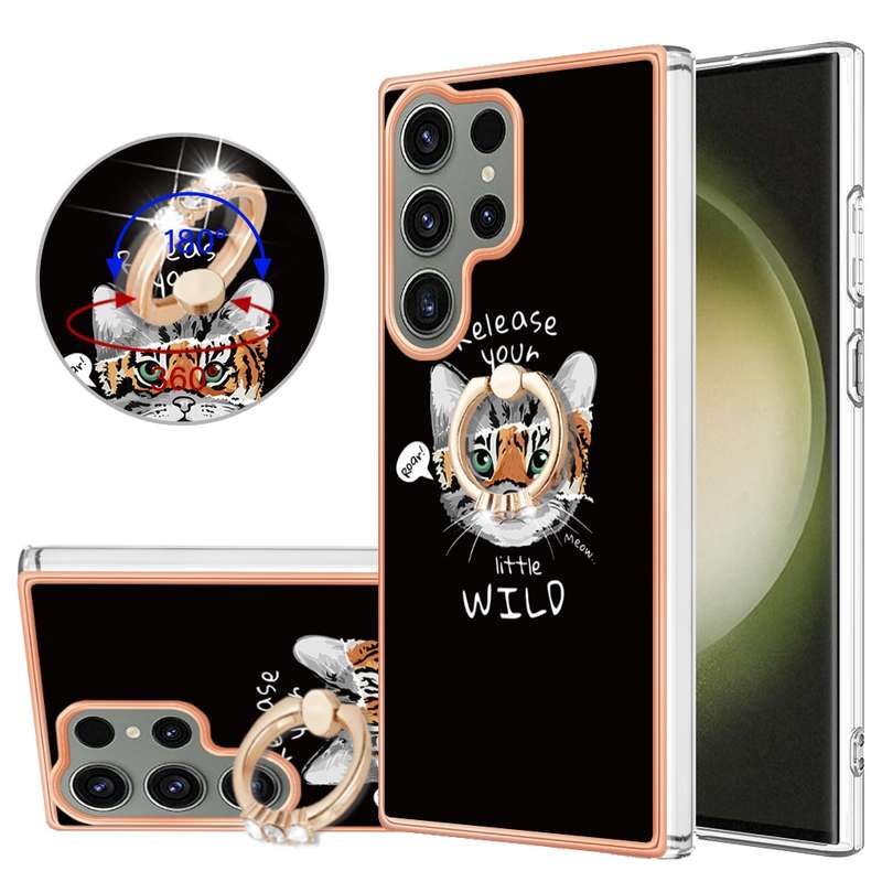 For Samsung Galaxy S23 Ultra 5G Electroplating Dual-side IMD Phone Case with Ring Holder(Leopard Pri