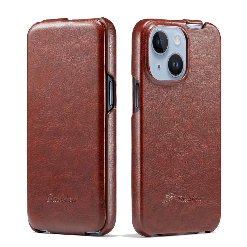 For iPhone 15 Fierre Shann Oil Wax Texture Vertical Flip PU Phone Case(Black)