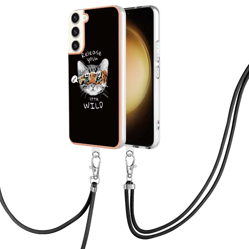 For Samsung Galaxy S23+ 5G Electroplating Dual-side IMD Phone Case with Lanyard(Leopard Print)