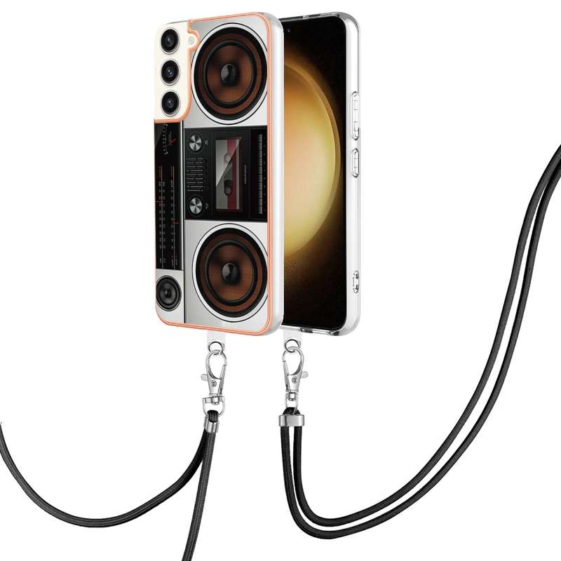 For Samsung Galaxy S23+ 5G Electroplating Dual-side IMD Phone Case with Lanyard(Leopard Print)
