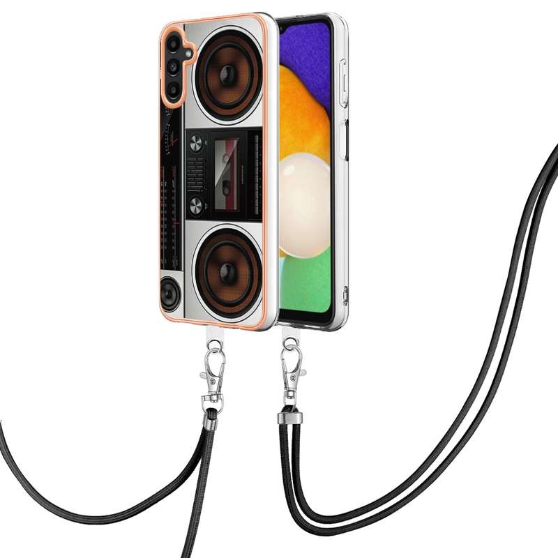For Samsung Galaxy A35 Electroplating Dual-side IMD Phone Case with Lanyard(Retro Radio)