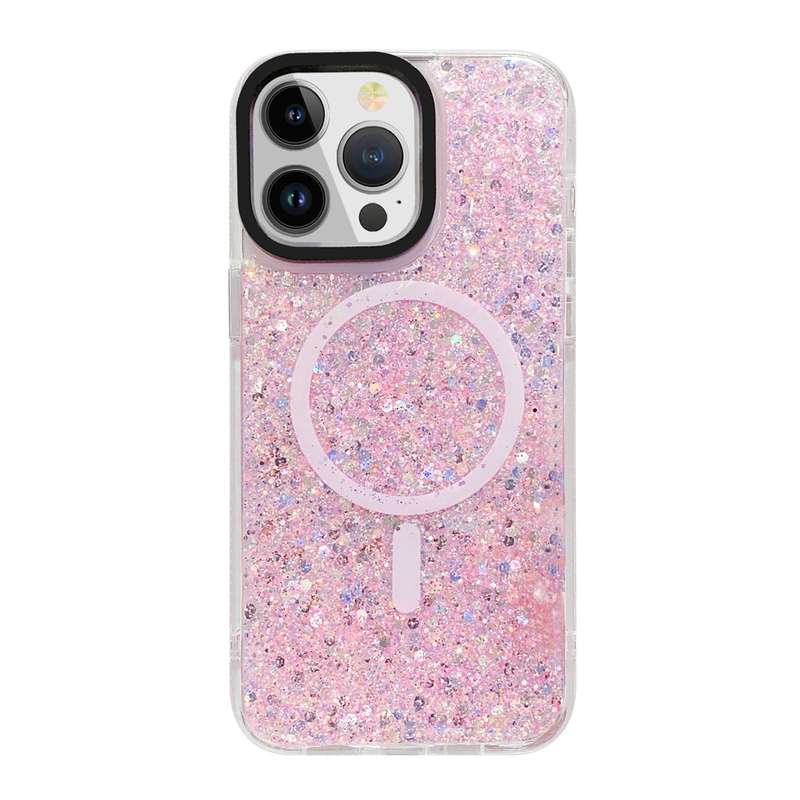 For iPhone 15 Pro Max Gold Armor MagSafe Glitter Epoxy Phone Case(Pink)