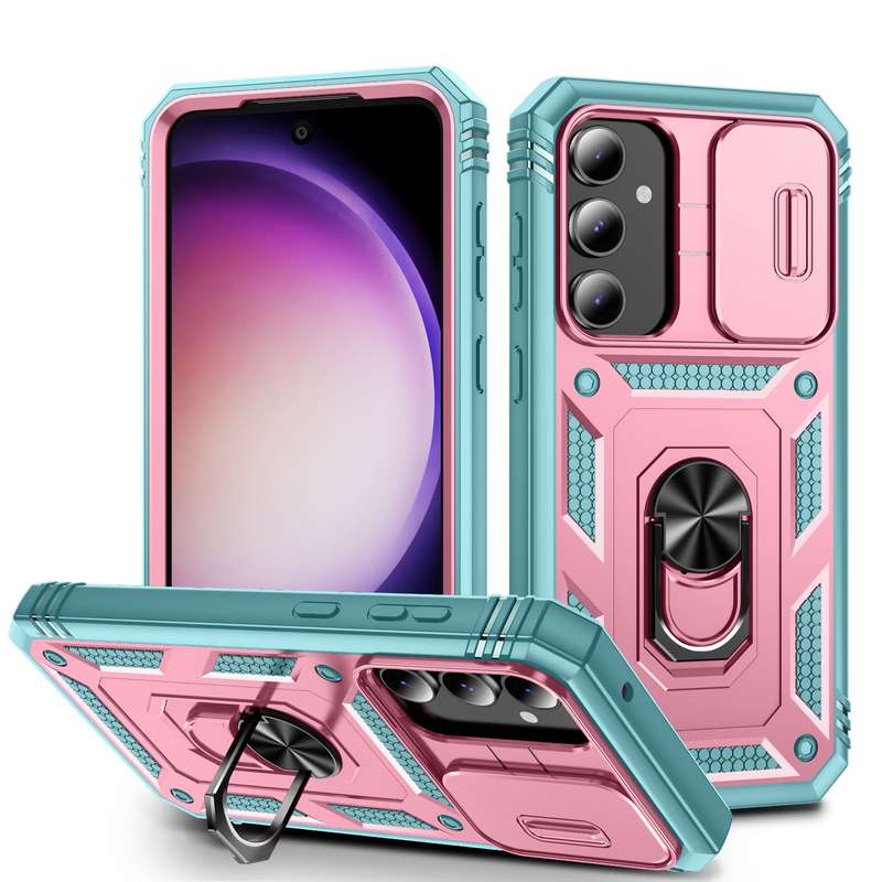 For Samsung Galaxy S23 FE 5G Sliding Camshield TPU + PC Phone Case with Holder(Pink+Rose Red)
