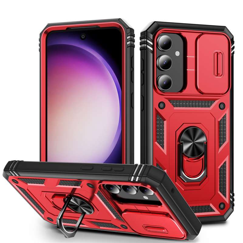 For Samsung Galaxy S23 FE 5G Sliding Camshield TPU + PC Phone Case with Holder(Pink+Rose Red)
