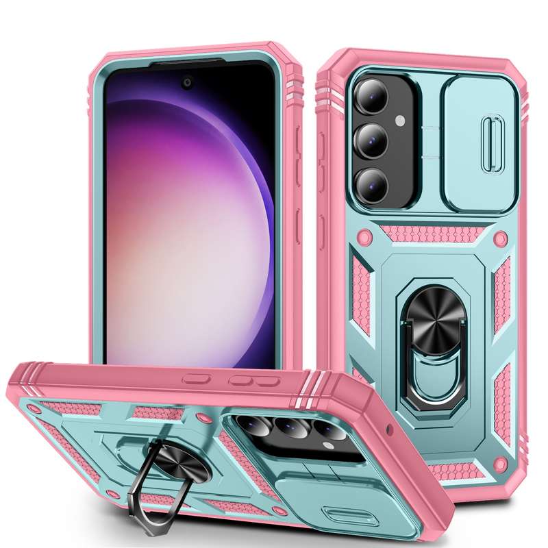 For Samsung Galaxy S23 FE 5G Sliding Camshield TPU + PC Phone Case with Holder(Pink+Rose Red)
