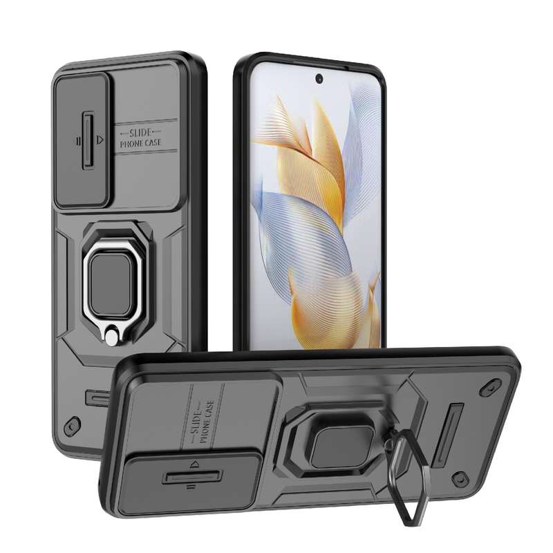 For Honor 90 5G Sliding Camshield TPU + PC Shockproof Phone Case with Holder(Blue)