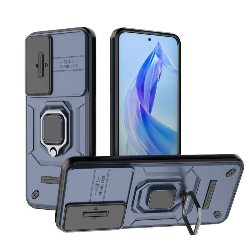 For Honor 90 5G Sliding Camshield TPU + PC Shockproof Phone Case with Holder(Blue)