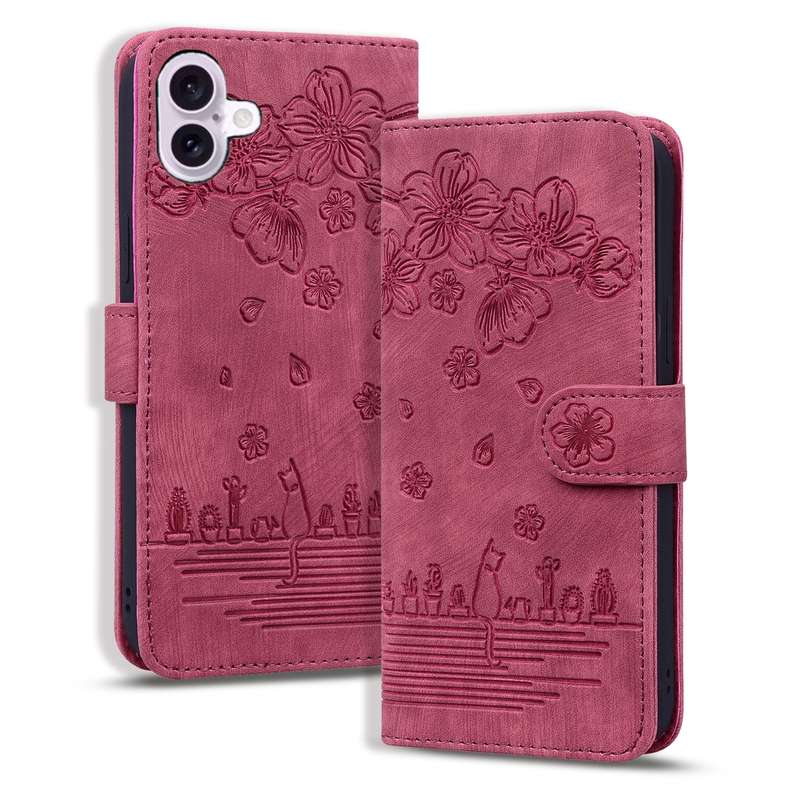 For iPhone 16 Cartoon Sakura Cat Embossed Leather Phone Case(Wine Red)