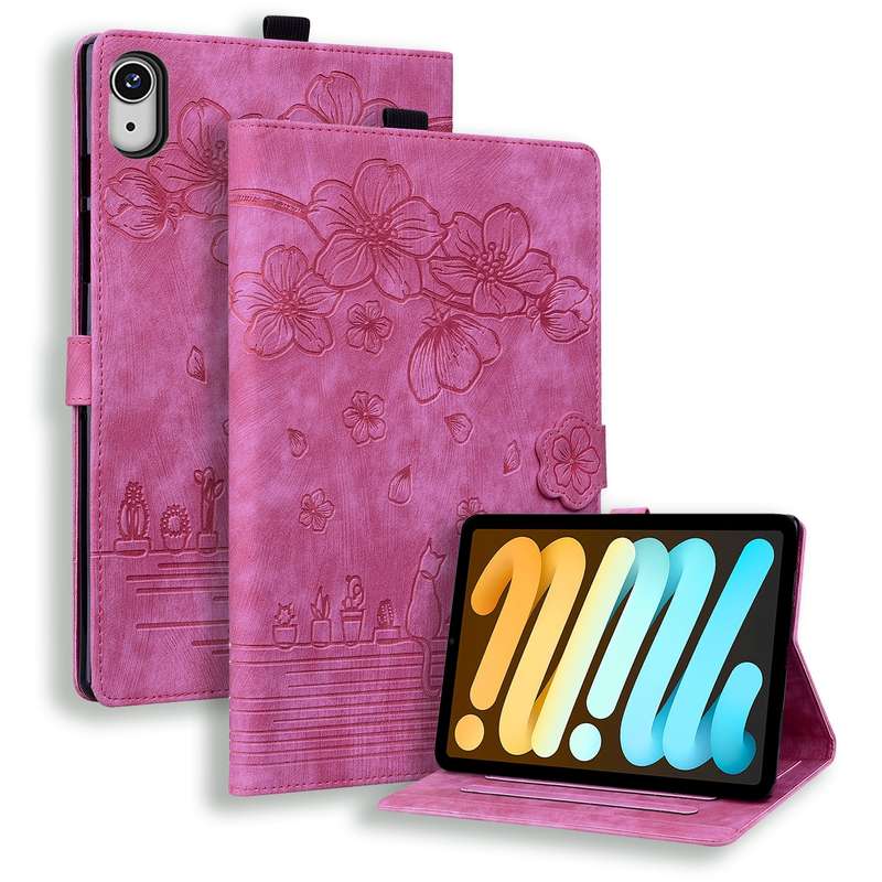For iPad mini 6 / mini 2024 Cartoon Sakura Cat Embossed Smart Leather Tablet Case(Green)
