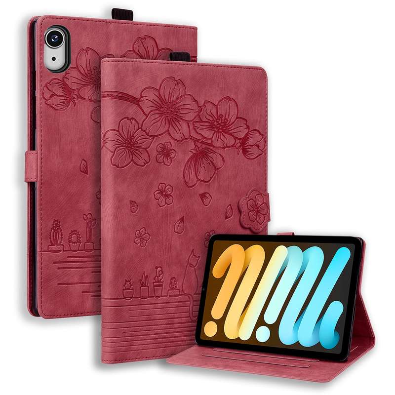 For iPad mini 6 / mini 2024 Cartoon Sakura Cat Embossed Smart Leather Tablet Case(Green)