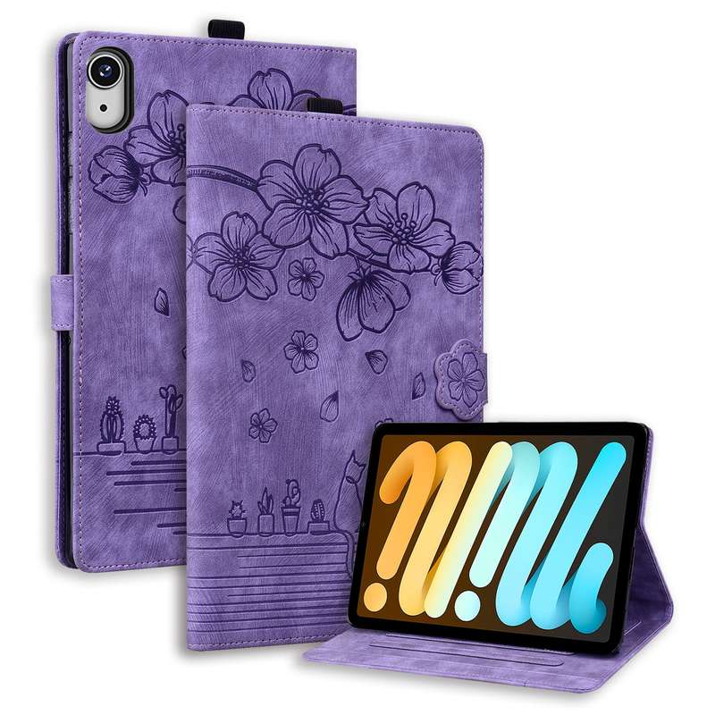 For iPad mini 6 / mini 2024 Cartoon Sakura Cat Embossed Smart Leather Tablet Case(Green)