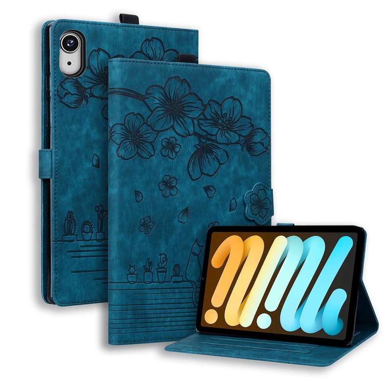 For iPad mini 6 / mini 2024 Cartoon Sakura Cat Embossed Smart Leather Tablet Case(Green)