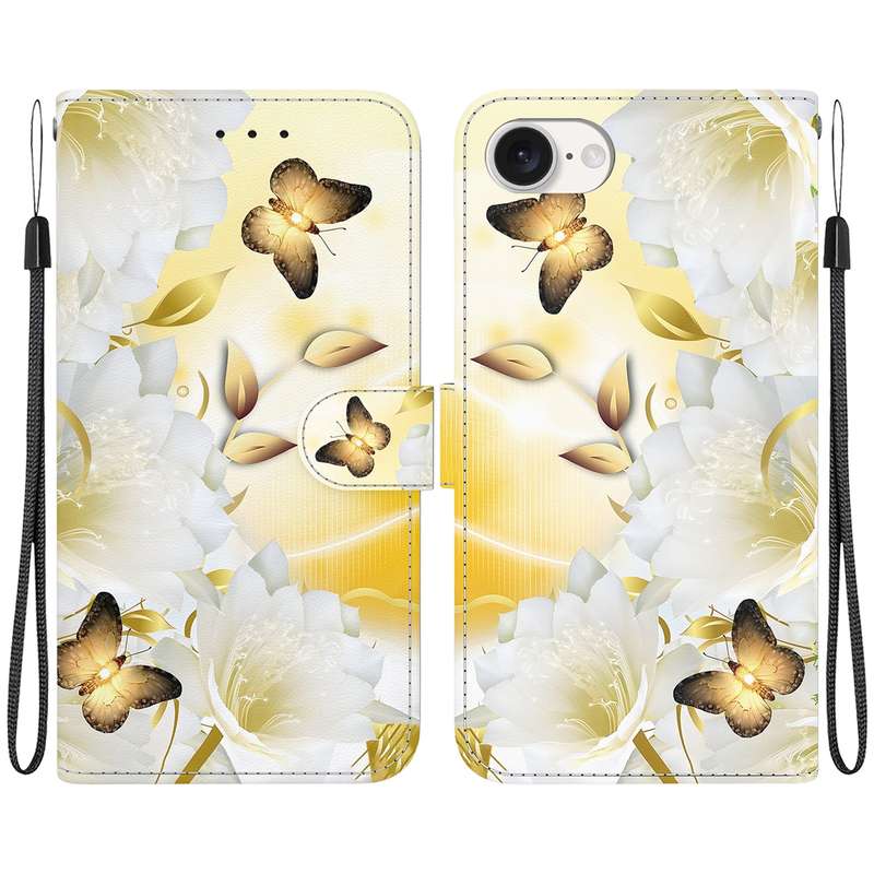 For iPhone SE 2024 Crystal Texture Colored Drawing Leather Phone Case(Gold Butterfly Epiphyllum