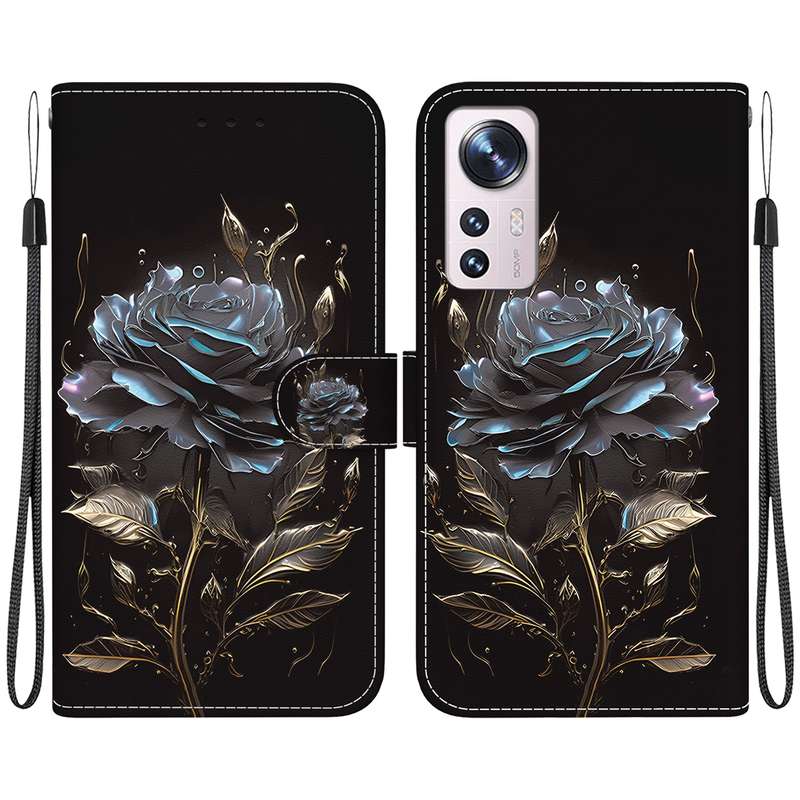 For Xiaomi 12 Lite Crystal Texture Colored Drawing Leather Phone Case(Black Rose)