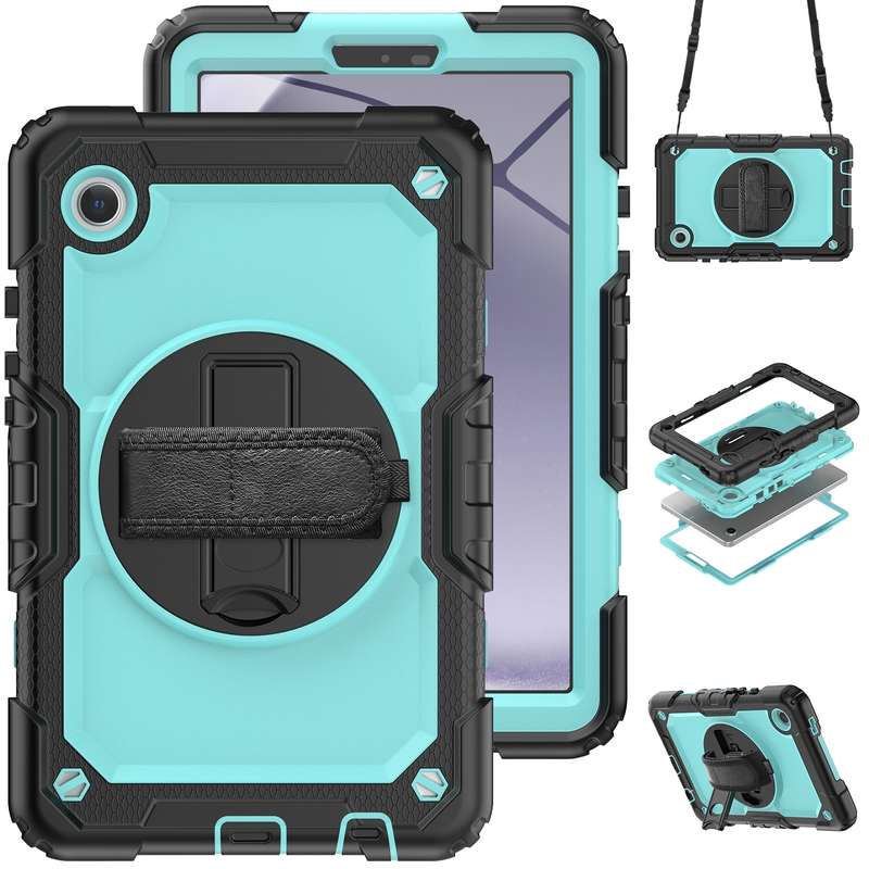 For Samsung Galaxy Tab A9 Silicone + PC Tablet Case with Shoulder Strap(Black)
