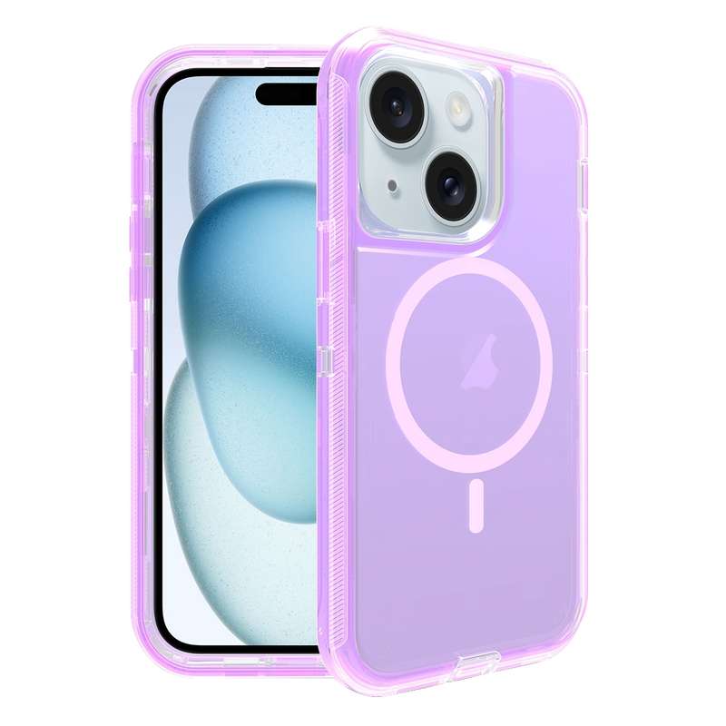 For iPhone 15 Shockproof MagSafe Magnetic Phone Case(Transparent Purple)