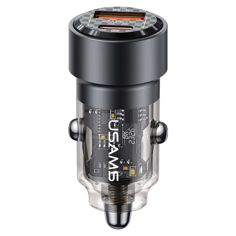 USAMS US-CC208 C39 60W USB + Type-C Dual Port Fast Charging Aluminum Alloy Transparent Car Charger(B