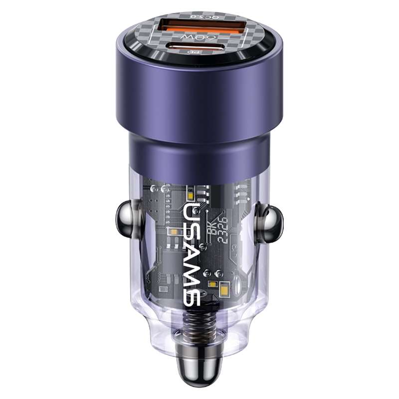 USAMS US-CC208 C39 60W USB + Type-C Dual Port Fast Charging Aluminum Alloy Transparent Car Charger(P