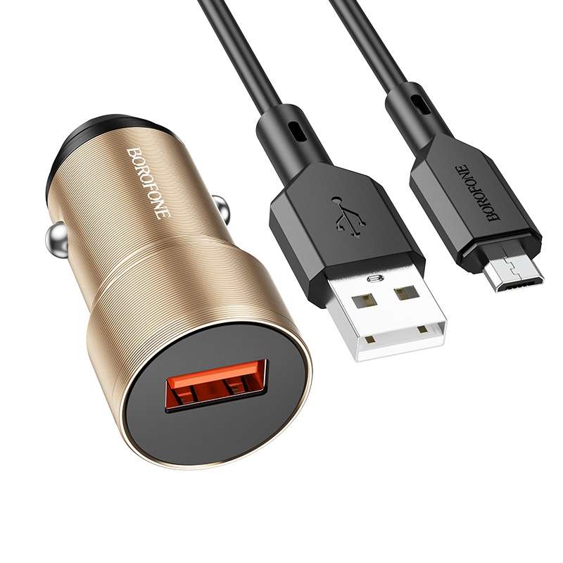 BOROFONE BZ19A Wisdom QC3.0 USB Port Fast Charging Car Charger with USB to Micro USB Cable(Gold)